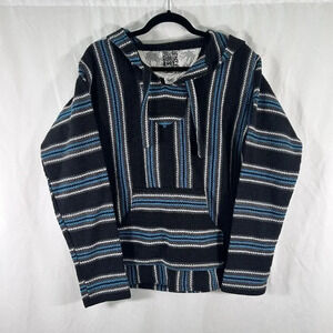 Original Senor Lopez Poncho Mens Medium Black Striped Hooded Drawstring